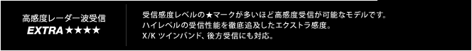 高感度レーダー受信 Extra|受信感度レベルの★マークが多いほど高感度受信が可能なモデルです。ハイレベルの受信性能を徹底追及したエクストラ感度。X/K ツインバンド、後方受信にも対応。