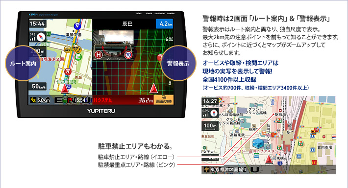警報時は2画面「ルート案内」&「警報表示」 警報表示はルート案内と異なり、独自尺度で表示。最大2km先の注意ポイントを前もって知ることができます。さらに、ポイントに近づくとマップがズームアップしてお知らせします。 駐車禁止エリアもわかる。